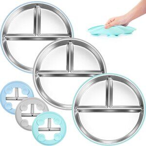 Stainless Steel Kids Plates Suction Plate for Baby,3 Packs Non-Toxic Divided Tod